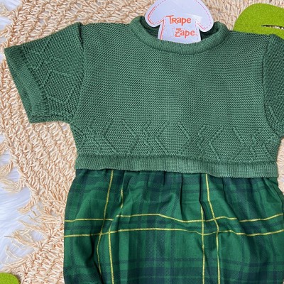 Romper Tricot com Xadrez - Verde e Dourado